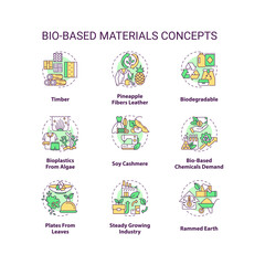 Bio based materials concept icons set. Sustainable solutions. Biodegradable products idea thin line color illustrations. Isolated symbols. Editable stroke. Roboto-Medium, Myriad Pro-Bold fonts used