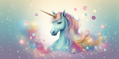 Naklejka na ściany i meble Cute baby Unicorn, Magic Baby Rainbow Horse surrounded by sparkles and glitter, generative AI