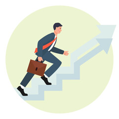 A man runs up the stairs. Climbing the career ladder. A man in a suit. Vector illustration.