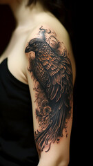 Tattoo Phoenix Bird auf menschlichem Arm / Oberarm / Schulter. Hochkant. Generative Ai.