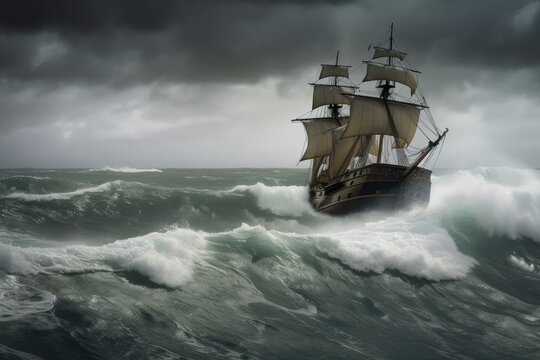 pirate ship passing through stormy sea, waves crashing against the hull, created with generative ai © primopiano