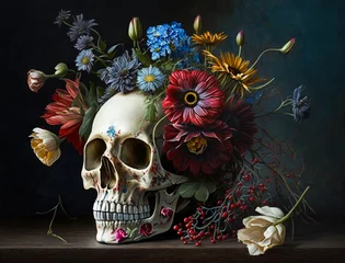 Keuken foto achterwand Carnaval Woman make up for halloween surrounded by red flowers. Darkness Day of the Dead skeleton woman painting Generative AI