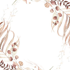 Watercolor autumn exotic greenery round frame. Beige, burgundy, brown dry tropical eucalyptus branches, leaves and twigs