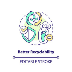 Better recyclability concept icon. Carbon footprint reduction. Bio based materials benefit idea thin line illustration. Isolated outline drawing. Editable stroke. Arial, Myriad Pro-Bold fonts used