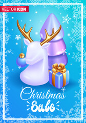 Fototapeta na wymiar Realistic 3D Isometric illustration. Poster of the Christmas sale. Minimalist design with a white deer with golden horns and beautiful Christmas tree. Happy New Year 2023