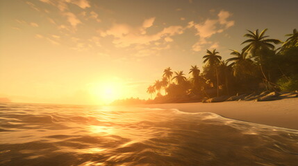 golden hour beach: serene tropical morning with warm sunrise, gentle waves, swaying palm trees. Wide-angle lens captures vastness and spreading sun rays. generative ai