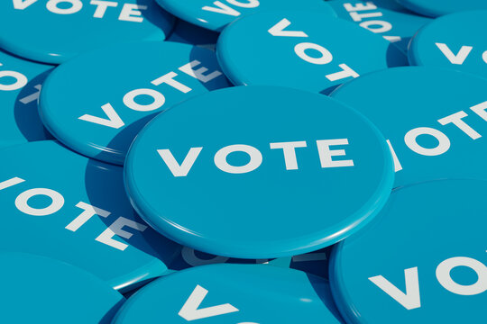 Blue vote badge. Election button in blue. Badges for social or political campaigns. 3D illustration