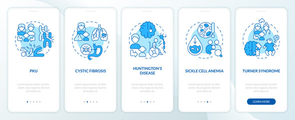 Fototapeta na wymiar Hereditary diseases blue onboarding mobile app screen. Walkthrough 5 steps editable graphic instructions with linear concepts. UI, UX, GUI template. Myriad Pro-Bold, Regular fonts used