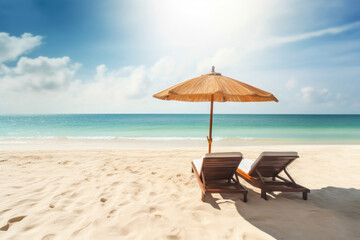 Lounger and parasol on the beach with sea background. Gener