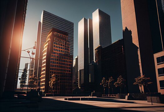 skyscrapers in a contemporary city square in the sunshine. Generative AI