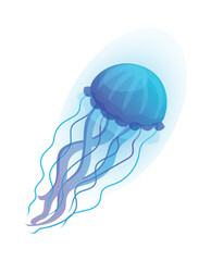 Obraz premium Concept Jellyfish. This flat vector illustration depicts a blue jellyfish, with its delicate tentacles and graceful movements, floating effortlessly in the water. Vector illustration.