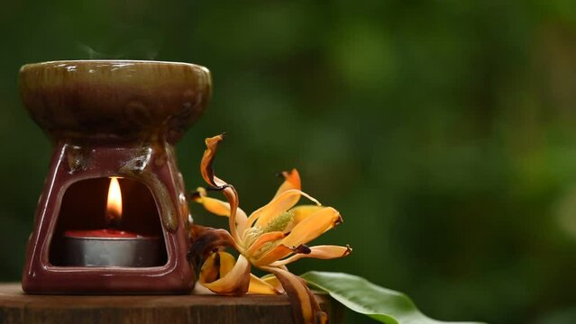 Aromatherapy with magnolia champaca flower and aroma burner on nature background.