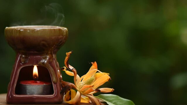 Aromatherapy with magnolia champaca flower and aroma burner on nature background.