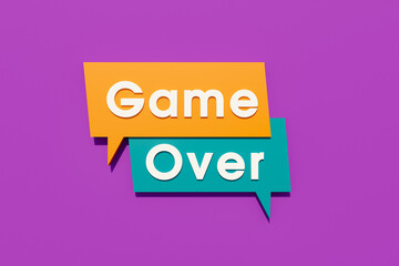 Game Over. Colored speech bubble in orange, purple and blue. Text game over in white letters. Leisure games, finishing, the end, final game and computer or video games. 3D illustration