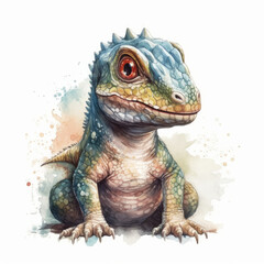 Obraz premium Watercolor peinting of a cute baby dinosaur on white background. Al generated