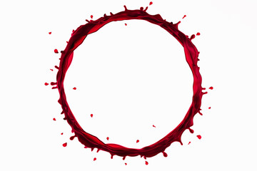 Splashes of red wine, juice or blood, liquid red drink, circle splash on isolated white 3D illustration