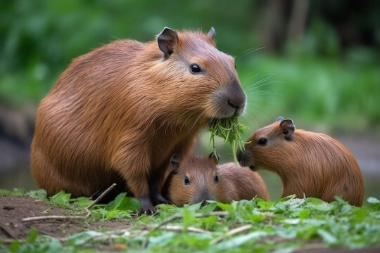 cute capybara eating grass
