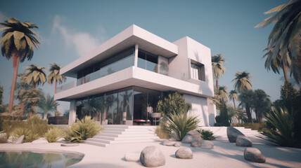 Fototapeta premium The concept of a modern house with a flat roof and panoramic windows surrounded by nature. 3D visualization