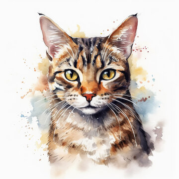 Watercolor painting of a cute cat on white background. Al generated