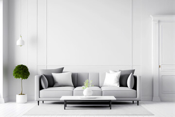Modern living room with gray sofa and blank white wall mockup. Generative ai.