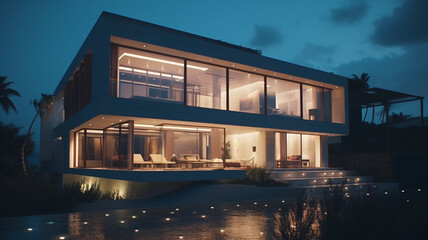 The concept of a modern house with a flat roof and panoramic windows surrounded by nature. 3D visualization