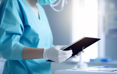 Healthcare worker hands with gloves using tablet in hospital setting. Generative AI