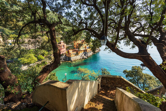 Bay and beach of Paraggi near the Portofino village. Tourist resort in Genoa Province (Genova), Liguria, Italy, Europe. Coast and Mediterranean Sea (Ligurian Sea).