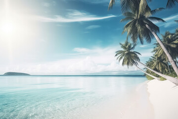 Idyllic Tropical Beach with palm tree, travel summer paradise banner background, generative AI