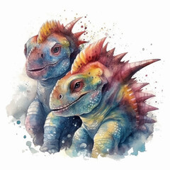 Fototapeta premium Watercolor painting of a two cute baby love dinosaur on white background. Al generated