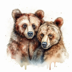 Watercolor painting of a two cute love bears on white background. Al generated