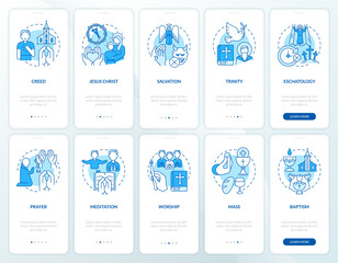 Christian beliefs and rituals blue onboarding mobile app screens set. Walkthrough 5 steps editable graphic instructions with linear concepts. UI, UX, GUI template. Myriad Pro-Bold, Regular fonts used