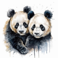 Watercolor painting of two pandas in love hugging on white background. Al generated