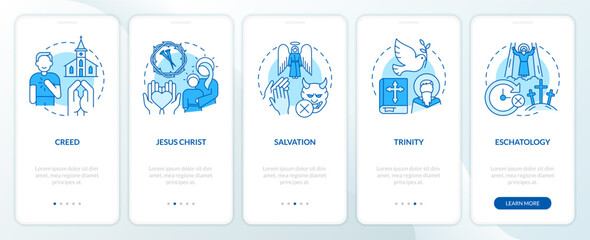 Fototapeta na wymiar Christian beliefs blue onboarding mobile app screen. Statements walkthrough 5 steps editable graphic instructions with linear concepts. UI, UX, GUI template. Myriad Pro-Bold, Regular fonts used
