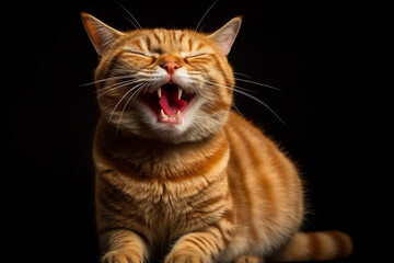 Obraz premium Orange cat yawning with sharp teeth - AI Generated