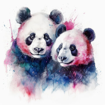 Watercolor Painting Of Two Pandas In Love Hugging On White Background. Al Generated