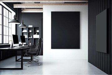 Modern office with blank black frame. Generative ai.