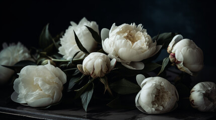 A bunch of white peonies realistic isolated background. Al generated