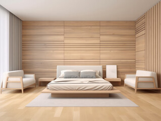 Fototapeta na wymiar Bedroom interior with two armchair and wooden walls, wooden floor, comfortable king size bed and two armchairs. 3d rendering