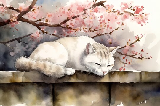 watercolor image of a cat sleeping on a stone fence under blooming cherry. Generated ai.
