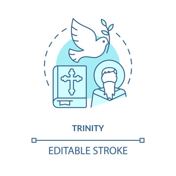 Trinity turquoise concept icon. God comprising three distinct. Christian belief abstract idea thin line illustration. Isolated outline drawing. Editable stroke. Arial, Myriad Pro-Bold fonts used