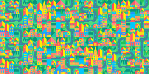 Trendy Seamless Abstract Urban Vector Bauhaus Swiss Geometric City Pattern Design Background Template