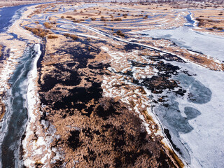 Drone shot of the river covered with melting ice in early spring.