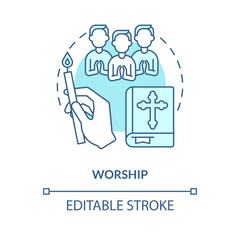 Worship turquoise concept icon. Church service for believers. Religious practice abstract idea thin line illustration. Isolated outline drawing. Editable stroke. Arial, Myriad Pro-Bold fonts used