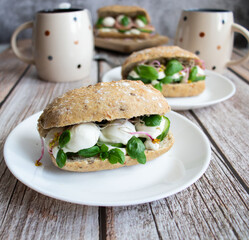 Sandwiches with mozzarella and ham. on a wooden background