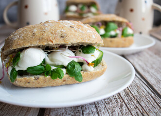 Sandwiches with mozzarella and ham. on a wooden background