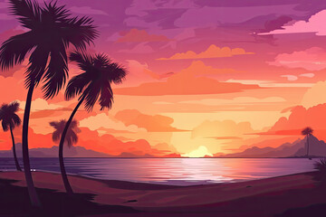 Tropical landscape with sunset beach and tropical palm trees. AI generative.