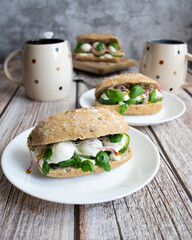 Sandwiches with mozzarella and ham. on a wooden background