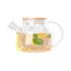 Tea in a glass teapot. Lemon slices and mint leaves. Color vector illustration.