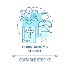 Christianity and science turquoise concept icon. Progress. Innovative religion abstract idea thin line illustration. Isolated outline drawing. Editable stroke. Arial, Myriad Pro-Bold fonts used