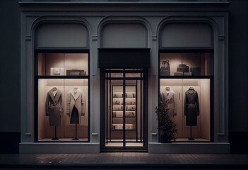 boutique shopfront with a minimal style and a fashion window display, generative AI